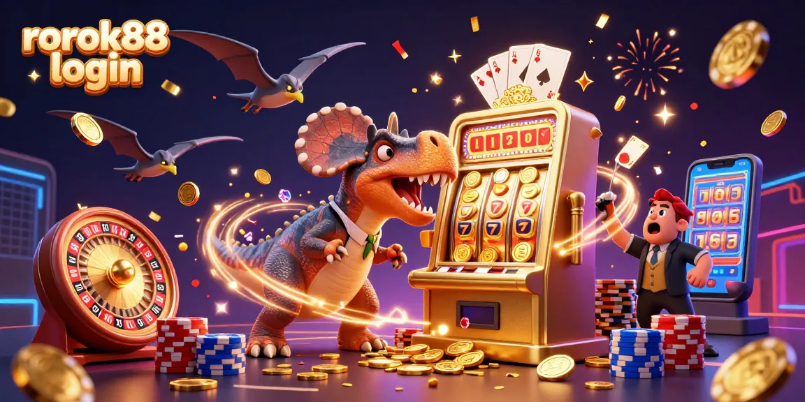 Engaging scene of rokok88 login with dinosaurs and gold coins celebrating a jackpot moment in a vibrant casino atmosphere.