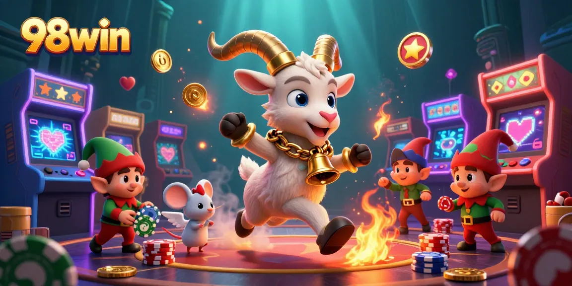 Experience thrilling gameplay at 98win with playful illustrations of a festive casino scene.